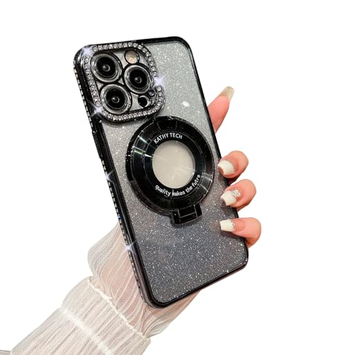 Fycyko Magnetische Schutzhülle für iPhone 15 Plus mit Ständer, glitzernd, luxuriös, kompatibel mit MagSafe), stoßfest, Ständer-Design für iPhone 15 Plus, Schwarz von Fycyko