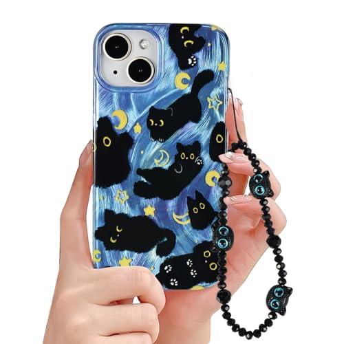 Fycyko Handyhülle für iPhone 14/13, süßes Katzenmuster, ästhetisch, cool, mädchenhaft, mit Handy-Charms, Riemen, Kette, Schutzhülle für iPhone 14/13, Blau Fycyko Handyhülle für iPhone 14/13, süßes Katzenmuster, ästhetisch, cool, mädchenhaft, mit Handy-Charms, Riemen, Kette, Schutzhülle für iPhone 14/13, Blau von Fycyko