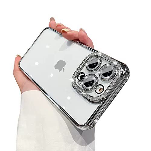 Fycyko Schutzhülle für iPhone 15 Pro, mit Glitzer-Diamant-Kamera-Objektivschutz, glitzernd, transparent, stoßfest, glitzernd, für iPhone 15 Pro (6,1 Zoll), Silber von Fycyko