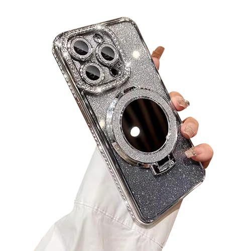 Fycyko Schutzhülle für iPhone 15 Pro mit Spiegel-Ständer, Glitzer, luxuriös, magnetische Halterung, Ständer, beschichtet, glitzernd, ästhetische Handyhülle (kompatibel mit MagSafe), stoßfest, für von Fycyko