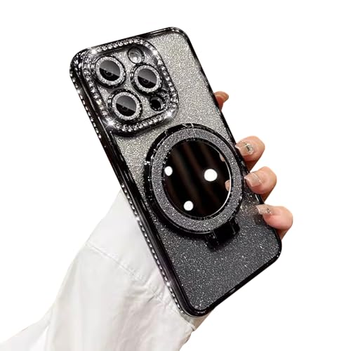 Fycyko Schutzhülle für iPhone 15 Pro mit Spiegel-Ständer, Glitzer, luxuriös, magnetische Halterung, Ständer, beschichtet, glitzernd, ästhetische Handyhülle (kompatibel mit MagSafe), stoßfest, für von Fycyko