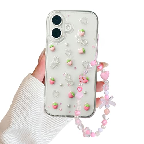 Fycyko Schutzhülle für iPhone 16, 3D-Erdbeer-Perlenschleife, transparent mit Design, ästhetisch, für Damen, Teenager, Mädchen, Glitzer, hübsch, funkelnd, niedlich, Mädchen-Handyhüllen, Schutzhülle und Fycyko Schutzhülle für iPhone 16, 3D-Erdbeer-Perlenschleife, transparent mit Design, ästhetisch, für Damen, Teenager, Mädchen, Glitzer, hübsch, funkelnd, niedlich, Mädchen-Handyhüllen, Schutzhülle und von Fycyko