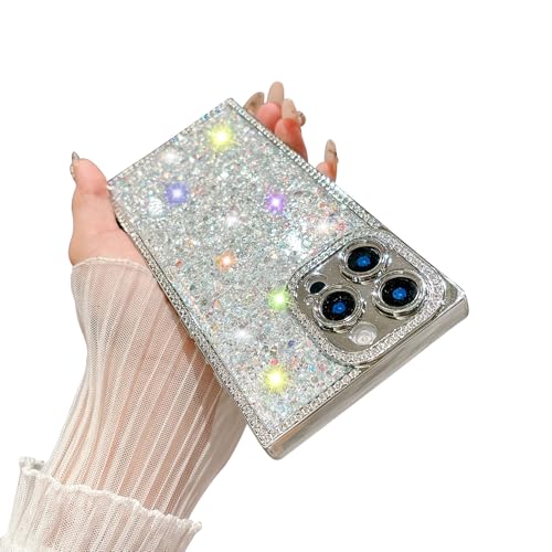 Fycyko Schutzhülle für iPhone 16 Pro Max, Glitzer, luxuriös, glänzend, niedlich, Retro-Diamanten, rechtwinkliger Rand, ästhetisches Design, Kameraschutz, stoßfest, für Damen und Mädchen, Silber Fycyko Schutzhülle für iPhone 16 Pro Max, Glitzer, luxuriös, glänzend, niedlich, Retro-Diamanten, rechtwinkliger Rand, ästhetisches Design, Kameraschutz, stoßfest, für Damen und Mädchen, Silber von Fycyko