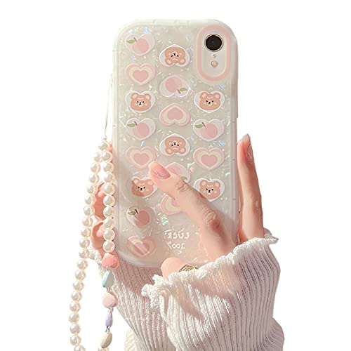 Fycyko Schutzhülle für iPhone XR, niedliches Design, Bären-Herz-Muster, mit Perlenband, Armband, Kette, glitzernde Handyhülle, Kameraschutz von Fycyko