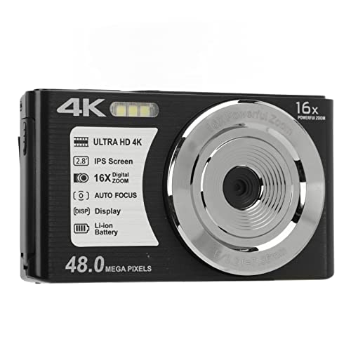 Digital Kamera, 4K-Digitalkamera, 16X Digital Zoom, 48MP 2,8-Zoll-Bildschirm, Eingebautes Füll Licht, Tragbare Kamera für Anfänger (Schwarz) von Fydun