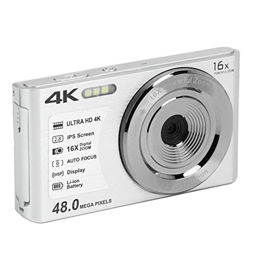 Digital Kamera, 4K-Digitalkamera, 16X Digital Zoom, 48MP 2,8-Zoll-Bildschirm, Eingebautes Füll Licht, Tragbare Kamera für Anfänger (Silber) von Fydun