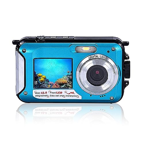 Digitalkamera, Wasserdicht, 10 Fuß, Zwei Bildschirme, 16-facher Digitalzoom, Full HD, 2,7 K, 48 MP, Zum Schwimmen, Tauchen, Surfen, Fluss, Bach, Ozean, Landschaft, Wasserpark, Fotografie(Blau) von Fydun