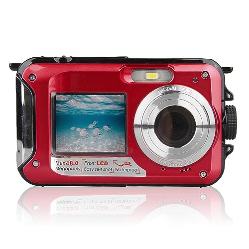 Digitalkamera, Wasserdicht, 10 Fuß, Zwei Bildschirme, 16-facher Digitalzoom, Full HD, 2,7 K, 48 MP, Zum Schwimmen, Tauchen, Surfen, Fluss, Bach, Ozean, Landschaft, Wasserpark, Fotografie(Rot) von Fydun