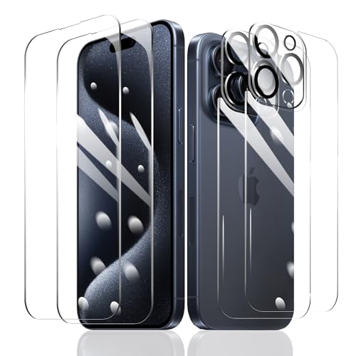 2 Stück Schutzfolie für iPhone 15 Pro Max + 2 Stück Kameraschutz + 2 Stück Rückseite Schutzfolie mit einfachem Befestigungswerkzeug, Panzer Schutz Glas, Display Schutzfolie aus gehärtetem Glas von Fylnatc