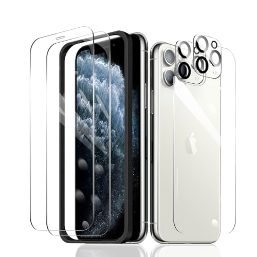 2 × Displayschutzfolie für iPhone 11 Pro + 2 × Kameraobjektivschutz + 1 × Rückseite gehärtete Glasfolie + 1 × Einbaurahmen, 9H Härte, hüllenfreundlich, HD klar, kratzfest, Aufprallschutz, öldicht von Fylnatc