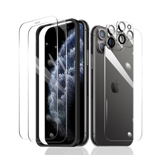 2 × Displayschutzfolie für iPhone 11 Pro Max + 2 × Kameraobjektivschutz + 1 × Rückseite aus gehärtetem Glas + 1 × Einbaurahmen, 9H Härte, hüllenfreundlich, HD klar, kratzfest, Aufprallschutz von Fylnatc