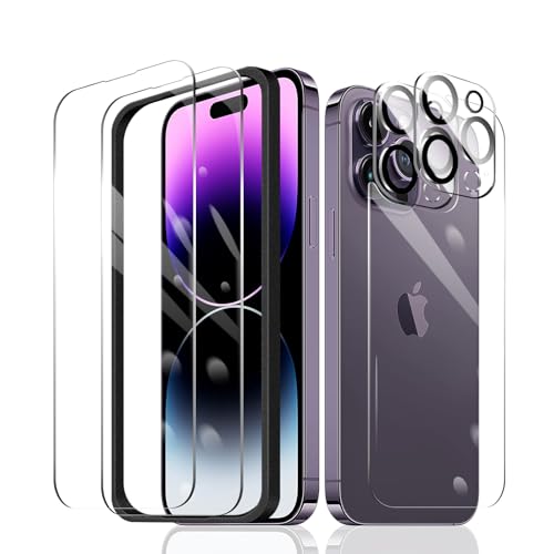2 × Displayschutzfolie für iPhone 14 Pro Max + 2 × Kameraobjektivschutz + 1 × Rückseite aus gehärtetem Glas + 1 × Einbaurahmen, 9H Härte, hüllenfreundlich, HD klar, kratzfest, Aufprallschutz von Fylnatc