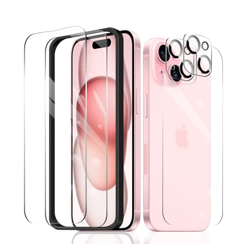 2 × Displayschutzfolie für iPhone 15 + 2 × Kameraobjektivschutz + 1 × Rückseite gehärtete Glasfolie + 1 × Einbaurahmen, 9H Härte, hüllenfreundlich, HD klar, kratzfest, Aufprallschutz, öldicht von Fylnatc