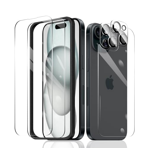 2 × Displayschutzfolie für iPhone 15 Plus + 2 × Kameraobjektivschutz + 1 × Rückseite gehärtete Glasfolie + 1 × Einbaurahmen, 9H Härte, hüllenfreundlich, HD klar, kratzfest, Aufprallschutz, öldicht von Fylnatc