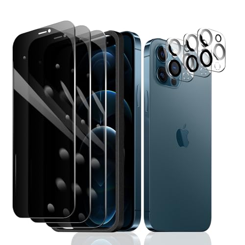 3 Stück Sichtschutz Schutzfolie für iPhone 12 Pro Max [6,7 Zoll]+ 3 Stück Kameraschutz mit einfachem Befestigungswerkzeug, Anti-Spy Panzer Schutz Glas, Anti-Spionage Panzerfolie, gehärtetem Glas von Fylnatc