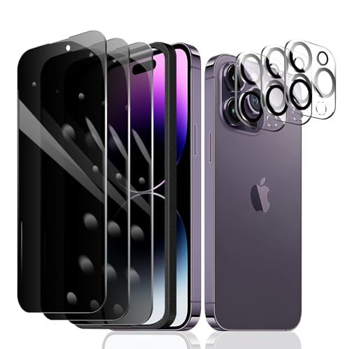 3 Stück Sichtschutz Schutzfolie für iPhone 14 Pro Max [6,7 Zoll]+ 3 Stück Kameraschutz mit einfachem Befestigungswerkzeug, Anti-Spy Panzer Schutz Glas, Anti-Spionage Panzerfolie, gehärtetem Glas von Fylnatc