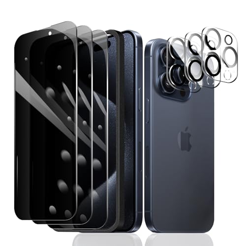 3 Stück Sichtschutz Schutzfolie für iPhone 15 Pro Max [6,7 Zoll]+ 3 Stück Kameraschutz mit einfachem Befestigungswerkzeug, Anti-Spy Panzer Schutz Glas, Anti-Spionage Panzerfolie, gehärtetem Glas von Fylnatc