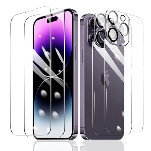 2 Stück Schutzfolie für iPhone 14 Pro Max + 2 Stück Kameraschutz + 2 Stück Rückseite Schutzfolie mit einfachem Befestigungswerkzeug, Panzer Schutz Glas, Display Schutzfolie aus gehärtetem Glas von Fylnatc