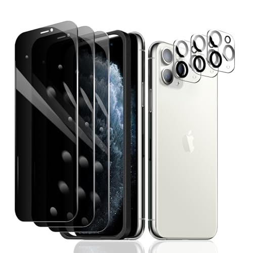 Fylnatc 3 Stück Sichtschutz Schutzfolie für iPhone 11 Pro [5,8 Zoll]+ 3 Stück Kameraschutz mit einfachem Befestigungswerkzeug, Anti-Spy Panzer Schutz Glas, Anti-Spionage Panzerfolie, gehärtetem Glas von Fylnatc