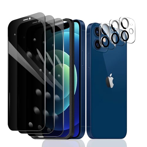 Fylnatc 3 Stück Sichtschutz Schutzfolie für iPhone 12 Mini [5,4 Zoll]+ 3 Stück Kameraschutz mit einfachem Befestigungswerkzeug, Anti-Spy Panzer Schutz Glas, Anti-Spionage Panzerfolie, gehärtetem Glas von Fylnatc