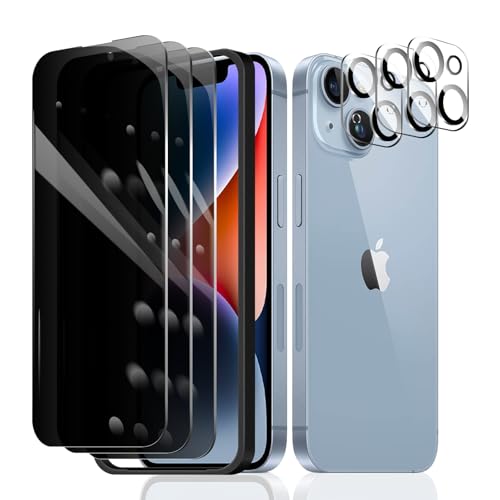 Fylnatc 3 Stück Sichtschutz Schutzfolie für iPhone 14 [6,1 Zoll]+ 3 Stück Kameraschutz mit einfachem Befestigungswerkzeug, Anti-Spy Panzer Schutz Glas, Anti-Spionage Panzerfolie, gehärtetem Glas von Fylnatc