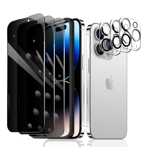 Fylnatc 3 Stück Sichtschutz Schutzfolie für iPhone 14 Pro [6,1 Zoll]+ 3 Stück Kameraschutz mit einfachem Befestigungswerkzeug, Anti-Spy Panzer Schutz Glas, Anti-Spionage Panzerfolie, gehärtetem Glas von Fylnatc