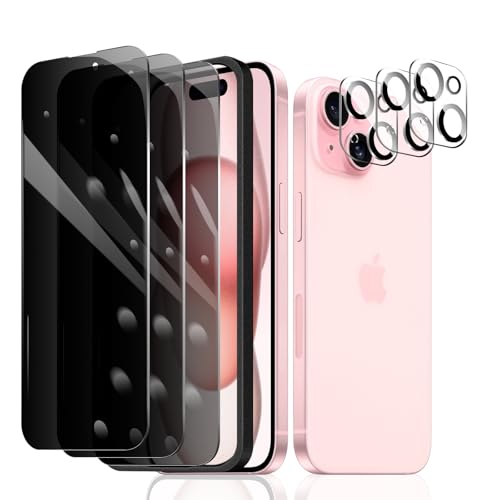 Fylnatc 3 Stück Sichtschutz Schutzfolie für iPhone 15 [6,1 Zoll]+ 3 Stück Kameraschutz mit einfachem Befestigungswerkzeug, Anti-Spy Panzer Schutz Glas, Anti-Spionage Panzerfolie, gehärtetem Glas von Fylnatc
