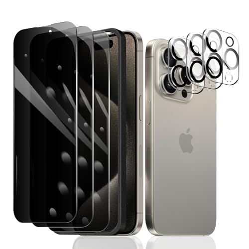 Fylnatc 3 Stück Sichtschutz Schutzfolie für iPhone 15 Pro [6,1 Zoll]+ 3 Stück Kameraschutz mit einfachem Befestigungswerkzeug, Anti-Spy Panzer Schutz Glas, Anti-Spionage Panzerfolie, gehärtetem Glas von Fylnatc