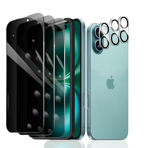 Fylnatc 3 Stück Sichtschutz Schutzfolie für iPhone 16 [6,1 Zoll]+ 3 Stück Kameraschutz mit einfachem Befestigungswerkzeug, Anti-Spy Panzer Schutz Glas, Anti-Spionage Panzerfolie, gehärtetem Glas von Fylnatc