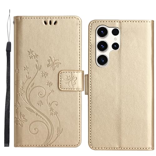 Fzrdohu Hülle für Samsung Galaxy S25 Ultra, Schmetterlingsmuster, Premium Leder Wallet Flip Case, Stoßfest, Klappbar, Ständer, Gold von Fzrdohu