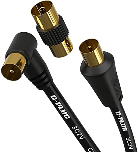 G-PLUG TV Antennenkabel 1m rechtwinklig mit Steckeradapter – Koaxialkabel Sat Kabel Stecker auf Stecker mit RF-Anschluss, Koax-Verlängerung Gold – für TV Receiver, 1&1 und Sky Box von G-PLUG