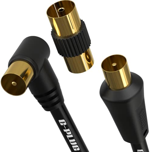 G-PLUG TV Antennenkabel 10m rechtwinklig mit Steckeradapter – Koaxialkabel Sat Kabel Stecker auf Stecker mit RF-Anschluss, Koax-Verlängerung Gold – für TV Receiver, 1&1 und Sky Box von G-PLUG