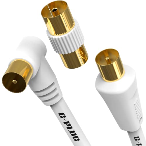 G-PLUG TV Antennenkabel 0.5m rechtwinklig mit Steckeradapter – Koaxialkabel Sat Kabel Stecker auf Stecker mit RF-Anschluss, Koax-Verlängerung Gold – für TV Receiver, 1&1 und Sky Box von G-PLUG