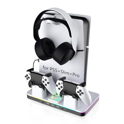Kühllüfterstation für PS5 Pro/Slim Stand mit Controller-Ladestation für Playstation 5-Disc-Digitalkonsolen, PS5-Zubehör, 3 USB-Hubs, Headset-Halterung Kühllüfterstation für PS5 Pro/Slim Stand mit Controller-Ladestation für Playstation 5-Disc-Digitalkonsolen, PS5-Zubehör, 3 USB-Hubs, Headset-Halterung von G-STORY