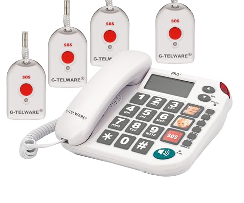 G-TELWARE PRO (Weltneuheit) Silence SOS Technik/SOSParam.einstellb./2023-2024er Modell Haus Notruf Seniorentelefon mit FunkSOS-Sender - 4 Handsender mit Schlaufe, Satingrau, PRO+ von G-TELWARE