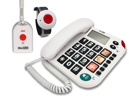 MAXCOM (G-TELWARE®) KXT481SOS 2023-2024er Modell Haus Notruf Seniorentelefon mit Funk-SOS-Sender, Festnetztelefon - 1 Armbandsender + 1 Handsender mit Schlaufe, Carbonschwarz, Standard von G-TELWARE