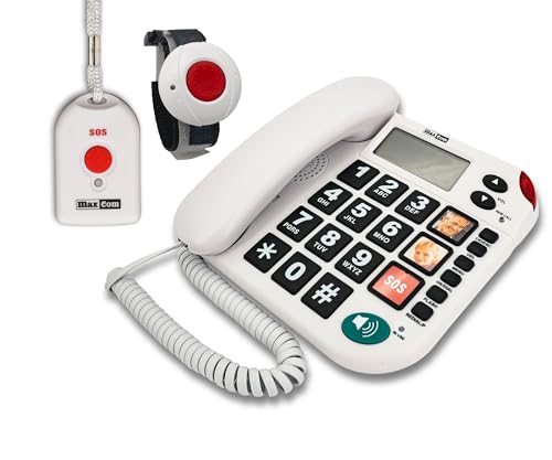 G-TELWARE MAXCOM KXT481SOS 2023-2024er Modell Haus Notruf Seniorentelefon mit Funk-SOS-Sender, Festnetztelefon - 1 Armbandsender + 1 Handsender mit Schlaufe, Carbonschwarz, Standard von G-TELWARE