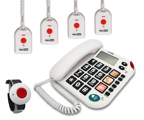 G-TELWARE MAXCOM KXT481SOS 2023-2024er Modell Haus Notruf Seniorentelefon mit Funk-SOS-Sender, Festnetztelefon - 1 Armbandsender + 4 Handsender mit Schlaufe, Carbonschwarz, Standard von G-TELWARE