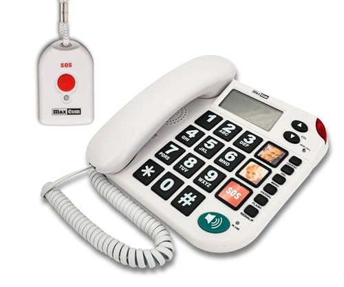 G-TELWARE MAXCOM KXT481SOS 2023-2024er Modell Haus Notruf Seniorentelefon mit Funk-SOS-Sender, Festnetztelefon - 1 Handsender mit Schlaufe, Carbonschwarz, Standard von G-TELWARE