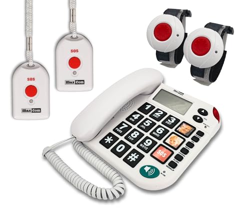 G-TELWARE MAXCOM KXT481SOS 2023-2024er Modell Haus Notruf Seniorentelefon mit Funk-SOS-Sender, Festnetztelefon - 2 Armbandsender + 2 Handsender mit Schlaufe, Carbonschwarz, Standard von G-TELWARE