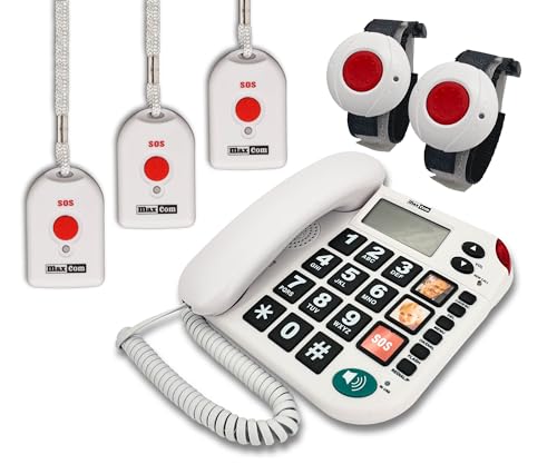 G-TELWARE MAXCOM KXT481SOS 2023-2024er Modell Haus Notruf Seniorentelefon mit Funk-SOS-Sender, Festnetztelefon - 2 Armbandsender + 3 Handsender mit Schlaufe, Carbonschwarz, Standard von G-TELWARE