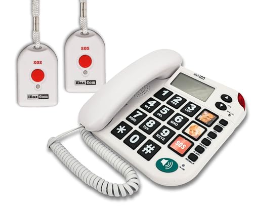 G-TELWARE MAXCOM KXT481SOS 2023-2024er Modell Haus Notruf Seniorentelefon mit Funk-SOS-Sender, Festnetztelefon - 2 Handsender mit Schlaufe, Carbonschwarz, Standard von G-TELWARE
