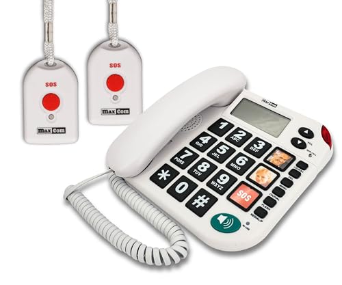 MAXCOM (G-TELWARE®) KXT481SOS 2023-2024er Modell Haus Notruf Seniorentelefon mit Funk-SOS-Sender, Festnetztelefon - 2 Handsender mit Schlaufe, Carbonschwarz, Standard von G-TELWARE