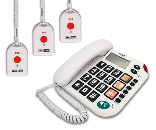 MAXCOM (G-TELWARE®) KXT481SOS 2023-2024er Modell Haus Notruf Seniorentelefon mit Funk-SOS-Sender, Festnetztelefon - 3 Handsender mit Schlaufe, Carbonschwarz, Standard von G-TELWARE