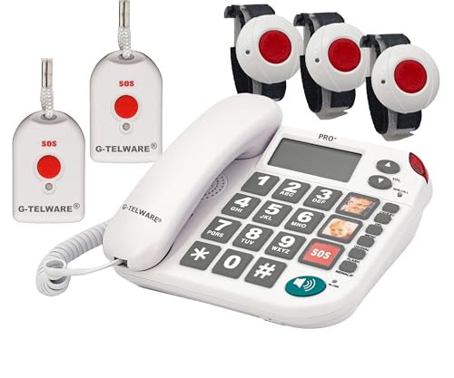 PRO+(G-TELWARE®)(Weltneuheit) Silence SOS Technik/SOSParam.einstellb./2023-2024er Modell Haus Notruf Seniorentelefon mit FunkSOS-Sender - 3 Armbandsender + 2 Handsender mit Schlaufe, Satingrau, PRO+ von G-TELWARE