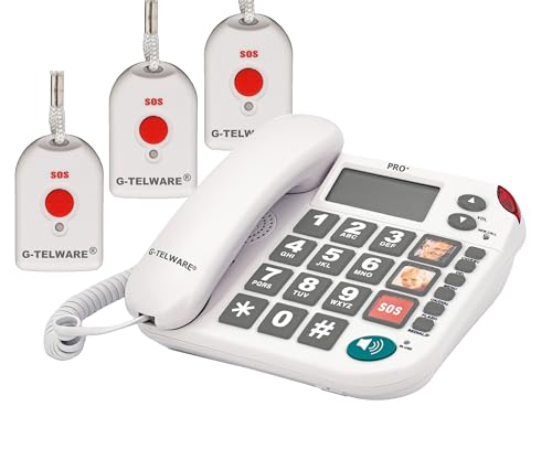 PRO+(G-TELWARE®)(Weltneuheit) Silence SOS Technik/SOSParam.einstellb./2023-2024er Modell Haus Notruf Seniorentelefon mit FunkSOS-Sender - 3 Handsender mit Schlaufe, Satingrau, PRO+ von G-TELWARE