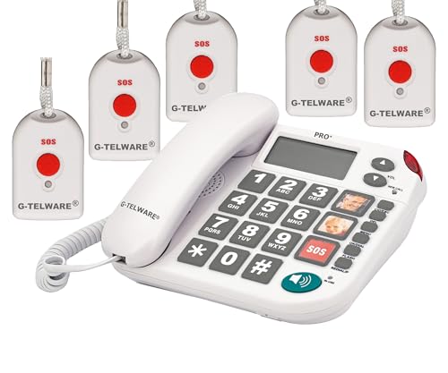 G-TELWARE PRO (Weltneuheit) Silence SOS Technik/SOSParam.einstellb./2023-2024er Modell Haus Notruf Seniorentelefon mit FunkSOS-Sender - 5 Handsender mit Schlaufe, Satingrau, PRO+ von G-TELWARE