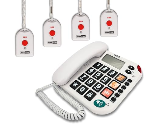 G-TELWARE PRO+ MAXCOM KXT481SOS 2023-2024er Modell Haus Notruf Seniorentelefon mit Funk-SOS-Sender, Festnetztelefon - 4 Handsender mit Schlaufe, Carbonschwarz, Standard von G-TELWARE