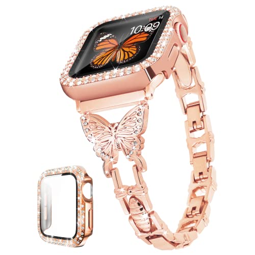 G-ficu Butterfly-Armband, kompatibel mit Apple Watch, 40 mm, mit Bling-Hülle, iWatch Serie 6, SE, 5, 4, niedliche, schlanke Metall-Schmuckbänder für Frauen, schickes Strass-Diamant-Armband (Roségold) von G-ficu