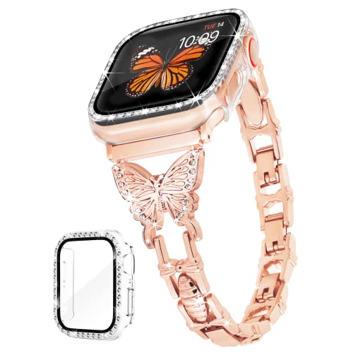G-ficu Butterfly-Armband, kompatibel mit Apple Watch, 40 mm mit Hülle, iWatch Serie 6, SE, 5, 4, niedliche, schlanke Metall-Schmuckbänder für Frauen, schickes glitzerndes Strass-Diamant-Armband von G-ficu